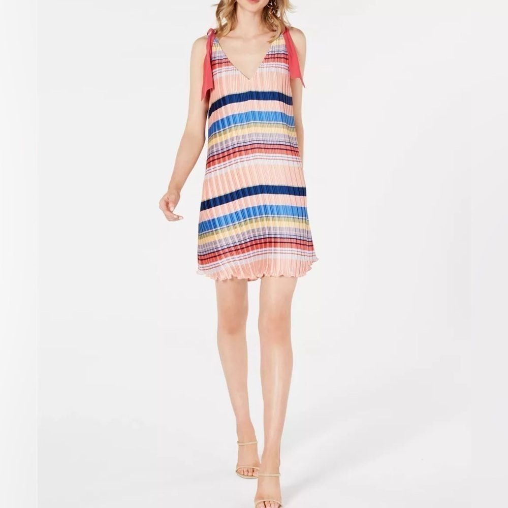 Foxiedox NEW Luz Bow sz M rainbow striped bow sleeve shiny crinkle swing dress